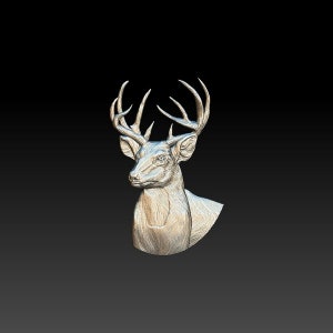 May include: A detailed 3D printed sculpture of a deer head with antlers. The sculpture is made of a light gray material and has a realistic texture.