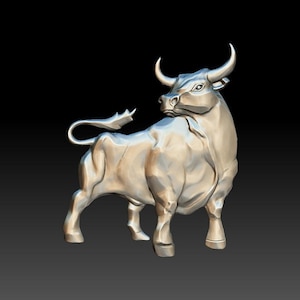 May include: A silver-colored bull sculpture with a detailed, muscular body and a raised tail. The bull is standing on a black background.