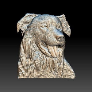 May include: A 3D printed sculpture of a dog's head. The dog is brown and white with a long snout and floppy ears. The sculpture is detailed and realistic, with fur and wrinkles visible.
