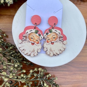 Pink vintage style Santa earrings, vintage Santa earrings, pink Santa, vintage style Christmas jewelry, wooden  santa earrings
