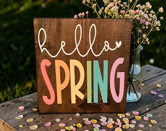Hand-Painted Hello Spring Wooden Sign, Tiered Tray Decor