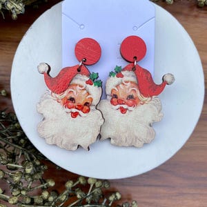 Red vintage style Santa earrings, vintage Santa earrings, pink Santa, vintage style Christmas jewelry, wooden  santa earrings