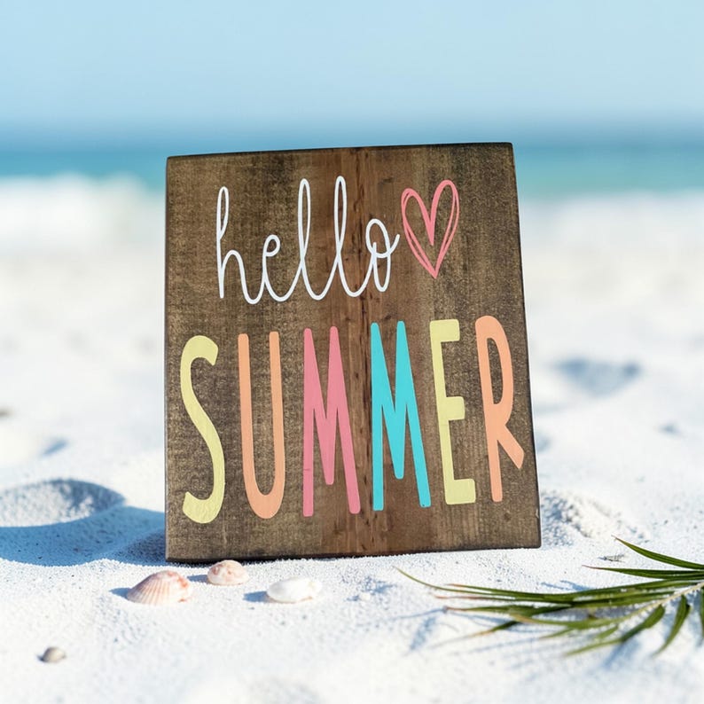 Hello summer sign, summer wood sign, summer decor, summer tiered tray decor, tiered tray decor, summer wood decor, pastel home decor immagine 1