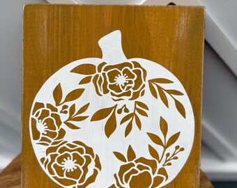Floral pumpkin sign, farmhouse pumpkin, farmhouse fall sign, neutral fall decor, tiered tray sign, tiered tray decor, fall shelf sign,