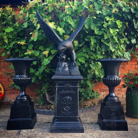 Fabulous Antique Cast Iron Garden Urns Pair Planters Very Tall 20th Century