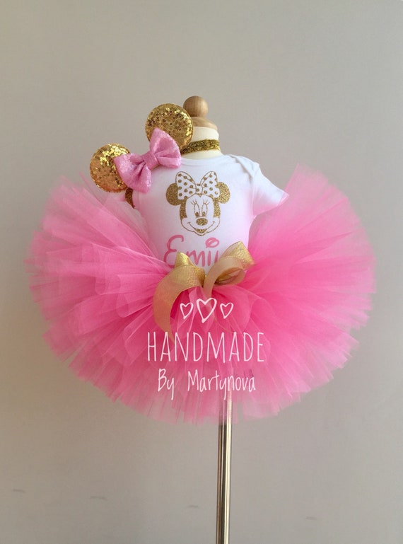 First birthday outfit,Minnie mouse outfit,Pink and gold bodysuit,Handmade