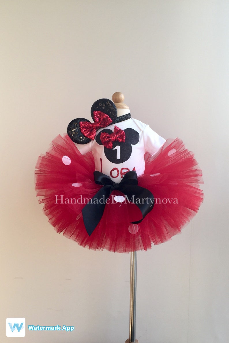 1st Birthday Outfit. Red Tutu. Black Ears. Minnie Mouse ...