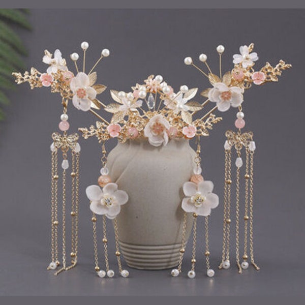 Han Dynasty Style 5 Pieces Pink Flower Hairpins