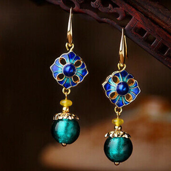 Cloisonne and Green Coloured Glaze Bead Earring