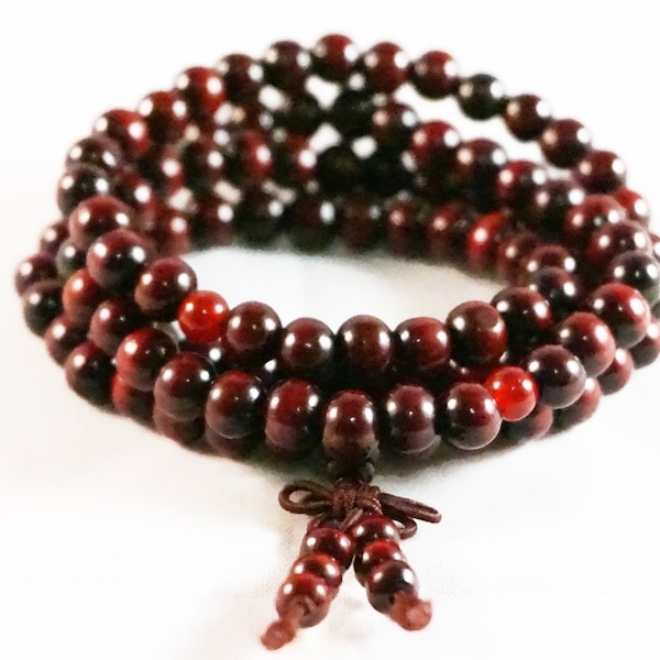 Tibetan 8mm 108 Red Round Sandalwood Buddhist Prayer Beads Mala Necklace