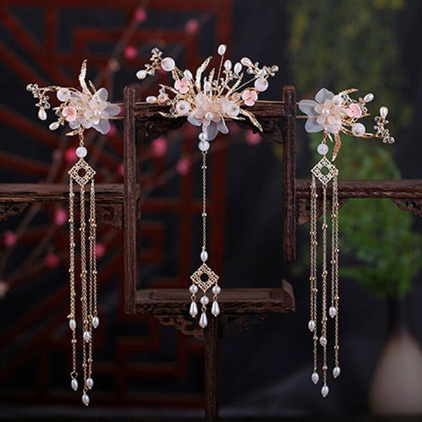 Han Dynasty Style 3 Pieces Pink Flower Hairpins