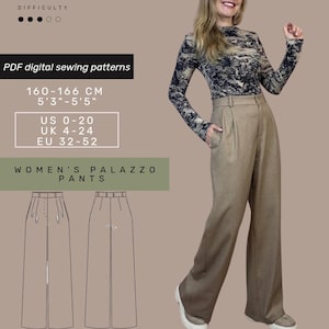 Wide Leg Palazzo Pants Sewing Pattern with tutorial | US 0-20 | Pants Sewing Pattern |  Woman Sewing Pattern | Instant Download |