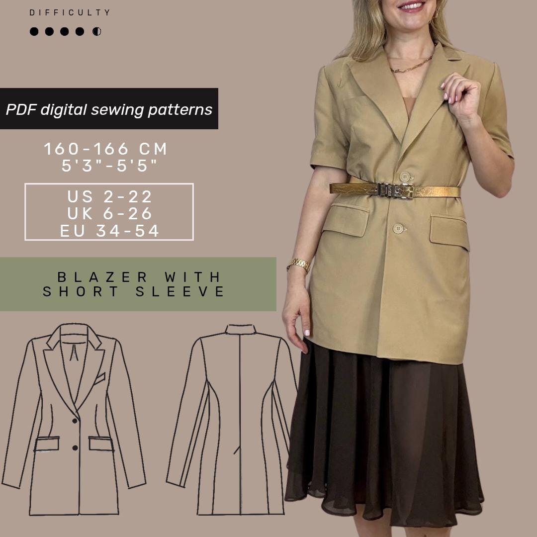 Blazer Sewing Pattern With Tutorial | US 2-22 | Long Jacket Sewing ...