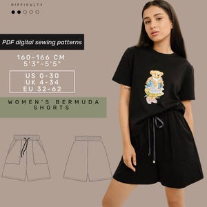 May include: A digital sewing pattern for women's Bermuda shorts. The pattern includes instructions for sizes UK 4-34, US 0-30, and EU 32-62. The pattern is designed for a height of 5'3"-5'5" (160-166 cm).