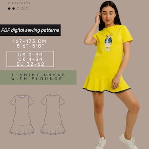T-Shirt Dress Sewing Pattern | XXS-5XL|  Dress with Flounce Sewing Pattern |  Women Sewing Pattern | Instant Download | Easy Digital PDF |