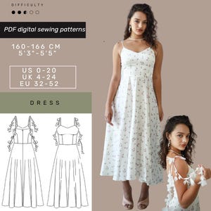 May include: White dress with a floral pattern and spaghetti straps. The image includes a diagram of the dress and text that reads "PDF digital sewing patterns", "US 0-20", and "DRESS". The dress is approximately 160-166 cm (5'3"-5'5") in height.