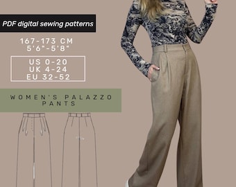 Wide Leg Palazzo Pants Sewing Pattern with tutorial | US 0-20 | Pants Sewing Pattern |  Woman Sewing Pattern | Instant Download |