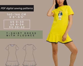 T-Shirt Jersey Dress Sewing Pattern | XXS-5XL | Dress with Flounce Sewing Pattern |  Woman Sewing Pattern | Instant Download |