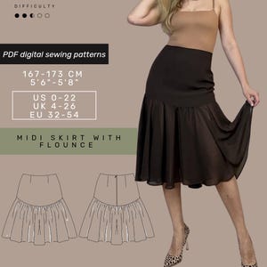 Puede incluir: Un patrón de costura PDF para una falda midi con vuelo. El patrón es para las tallas EU 32-54, UK 4-26 y US 0-22. La falda se muestra en marrón y tiene una longitud de 167-173 cm.