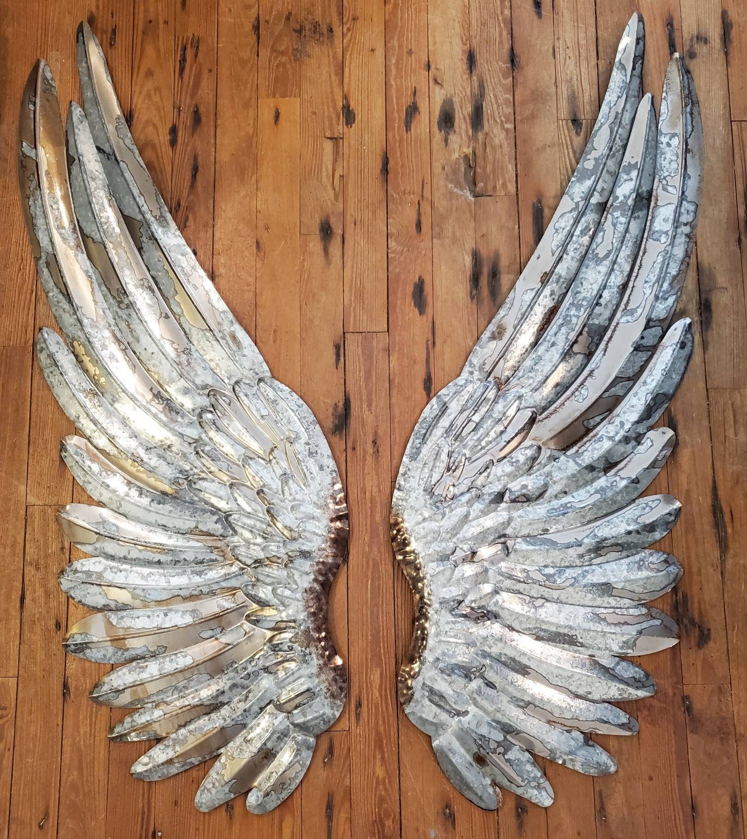 Beautiful Set Of Large 43” Galvanized Metal Angel Wings Rustic Wall Decor Pair