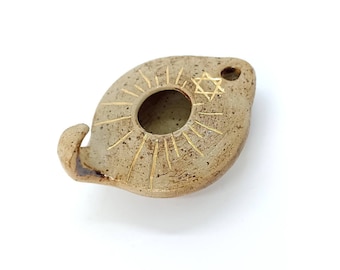 Elegant Handmade Ceramic Oil Lamp with Pure Gold and Sacred Jewish Symbol