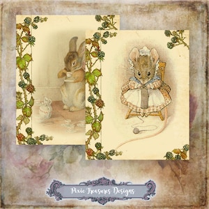 May include: Two vintage illustrations with blackberries bordering the images. The first image shows a brown rabbit holding a teacup. The second image shows a brown mouse wearing a dress and knitting with yarn.