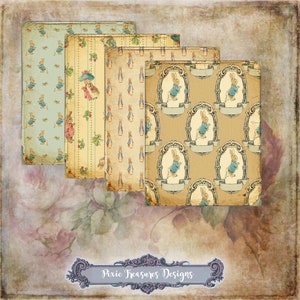 May include: Set of five digital paper designs featuring a vintage Peter Rabbit illustration. The papers feature different patterns, including a blue and white pattern, a yellow and white pattern, and a brown and white pattern. The papers are perfect for scrapbooking, card making, and other craft projects.