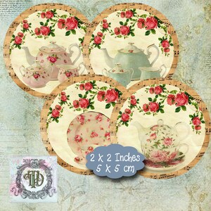 May include: Four 2 x 2 inch round paper craft circles with a vintage tea party theme. Each circle features a floral design with a teapot, teacups, and saucers. The background is a cream color with musical notes.