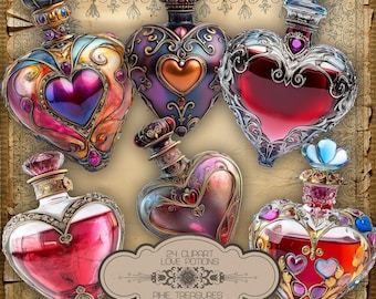 24 Love Potions Clipart in Ornate Heart Potion Bottles with Stoppers (Made using AI)