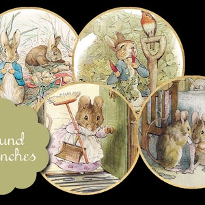 May include: Set of four 2.5 inch round stickers featuring illustrations from Beatrix Potter's children's books. The stickers feature Peter Rabbit, Benjamin Bunny,  a mouse with a broom and two mice in a bedroom.