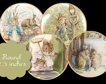 May include: Set of four 2.5 inch round stickers featuring illustrations from Beatrix Potter's children's books. The stickers feature Peter Rabbit, Benjamin Bunny,  a mouse with a broom and two mice in a bedroom.