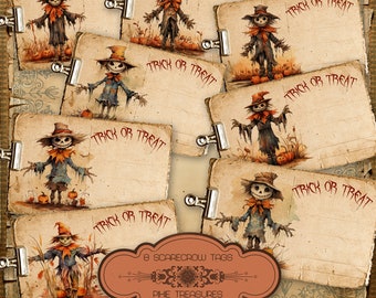 8 Tags Halloween Scarecrow Printable Tags, Halloween Tags, Scarecrow Tags.