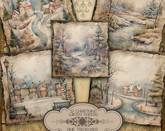 12 Christmas Winter Scene Papers, Xmas Pages, Papercraft Pastels, Holiday Journal Backgrounds, Scrapbooking.
