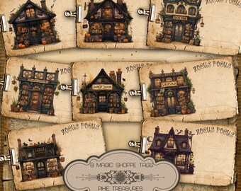 8 Tags Halloween Magic Shoppe Printable Tags, Halloween Tags, Magic Shoppe Tags.