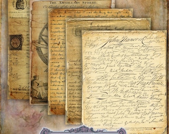 May include: A collection of vintage paper scraps with handwritten text and illustrations. The papers are aged and have a distressed look, with brown and cream tones. The text includes names and dates, suggesting historical documents. The illustrations include a celestial sphere and a figure holding a compass.