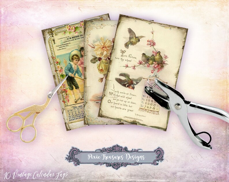 May include: A collection of 10 vintage calendar tags with floral and bird illustrations, and a boy in a blue suit. Gold scissors and a silver hole punch are also in the image. The text on the tags includes "W.M. Watson Co." and "Pixie Treasures Designs."