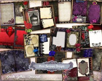 May include: A digital collage of printable journal pages in a dark gothic style. The pages feature black lace, red roses, and gothic fonts. The text "Dark Gothic Journal" is at the bottom of the image. The text "Pixie Treasures Designs" is in the center of the image.