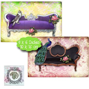 May include: Two vintage-style couches with floral accents. The first couch is purple with a crown and a bird perched on the back. The second couch is black with a peacock perched on the back. Both couches are 4 x 6 inches or 10 x 15 cm.