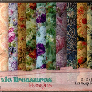 Op de afbeelding: Een set van 12 digitale papieren met vintage bloemmotieven, elk 30,5 x 30,5 cm groot. De papieren bevatten verschillende bloemmotieven in tinten roze, groen, blauw en geel.