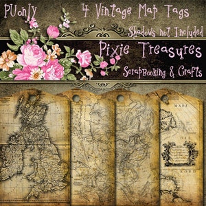 4 Printable Vintage Map Tags Set 1