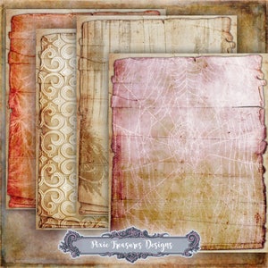 Puede incluir: Cuatro texturas de papel de estilo vintage con bordes desgastados. Los papeles presentan un patrón de estrella roja y blanca, un patrón geométrico blanco y dorado, un patrón de veta de madera marrón y blanco y un patrón de telaraña rosa y blanca.