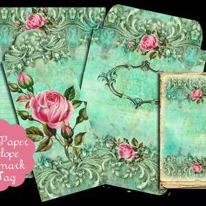 May include: A set of printable digital papers featuring a vintage floral design with roses and ornate scrollwork on a turquoise background. The papers are ideal for scrapbooking, card making, and other paper crafts.