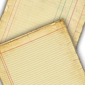 May include: Two sheets of lined paper with red and blue lines. The paper is old and has a yellowed tint. The top sheet is partially covering the bottom sheet.