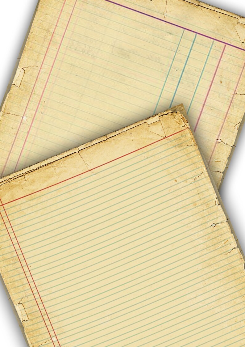 May include: Two sheets of lined paper with red and blue lines. The paper is old and has a yellowed tint. The top sheet is partially covering the bottom sheet.