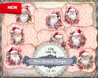 15 Pink Santa Tags, Christmas Santa Clause Stickers, Xmas Gift Tabs, Papercraft Pastel Labels, Holiday Journal Cards, Stationery Note Chits.