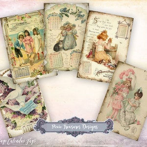 May include: A collection of ten vintage calendar tags with aged paper textures. Each tag features illustrations of children, flowers, and doves, with calendar months displayed. The tags are labeled "Pixie Treasures Designs" and "10 Vintage Calendar Tags".