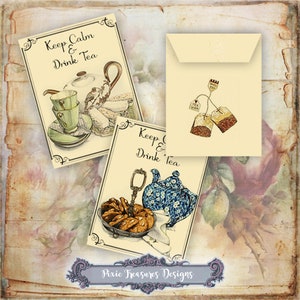 May include: Three printable tea-themed cards with the text "Keep Calm & Drink Tea". The cards feature illustrations of teacups, teapots, and tea bags.