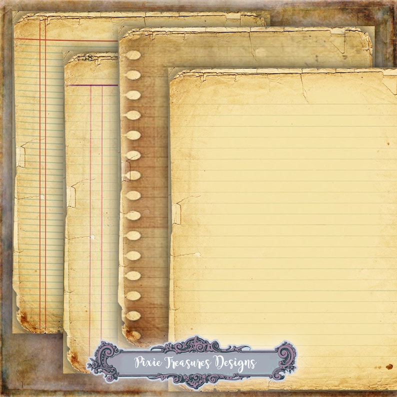 May include: Three sheets of lined paper with a distressed, vintage look. The paper has a light yellow background with brown lines and a brown border. The paper is slightly torn and faded, giving it a rustic appearance. The text "Pixie Treasures Designs" is printed in a decorative font at the bottom of the image.