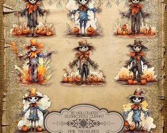 16 Clipart Halloween Scarecrows (Made using AI)