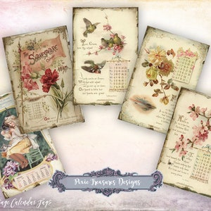 May include: A collection of ten vintage calendar tags with a distressed, aged appearance. Each tag features floral illustrations, birds, and calendar dates. The tags include text such as "The Shakespeare Calendar 1897" and "Pixie Treasures Designs".